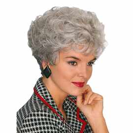 Middle-aged silver wig short curly hair head cover