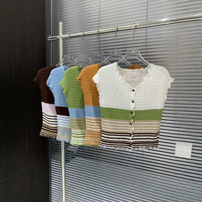 Beautiful and Stylish Outfit with a High-End Feel, Color-Blocked Striped V-Neck Ruffled Knit Cardigan for Women, Summer Slim-Fit Versatile Sleeveless Top Beautiful and Stylish Outfit with a High-End Feel, Color-Blocked Striped V-Neck Ruffled Knit Cardigan for Women, Summer Slim-Fit Versatile Sleeveless Top