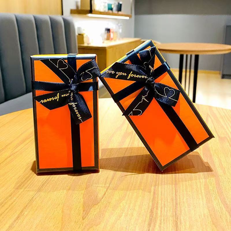 Orange gift box and gift bag with a high-end feel, ins-style birthday gift packaging box, creative gift box with ribbon
