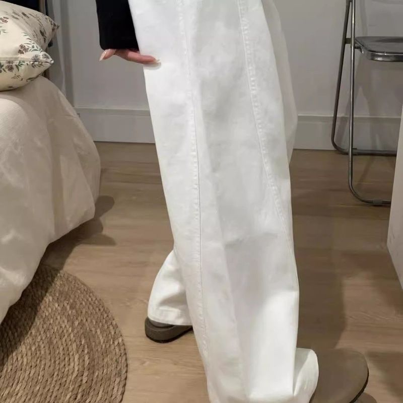 大码白色拼接设计感水洗弯刀牛仔裤女夏季新款宽松显瘦阔腿长裤子|undefined