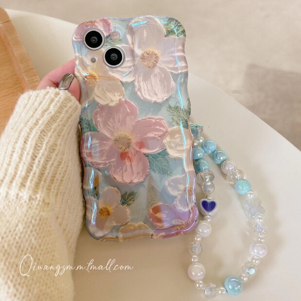 Suitable for High-End Artistic Oil Painting Flowers 17Promax Phone Case Apple 14 Female 16E Bracelet 11 Blue Light