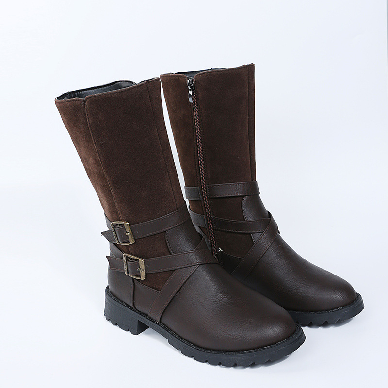 Damenschuhe, Martin-Stiefel mit mittlerer Röhre, Gürtelschnalle, runder Kopf, niedriger Absatz, Ritterstiefel mit seitlichem Reißverschluss, Lederstiefel_voghion.com