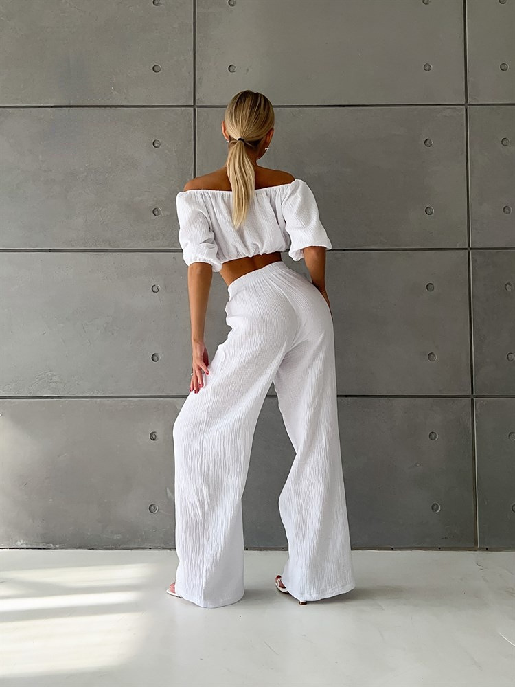 Dames pantalon set met off shoulder top en rechte broek_voghion.com