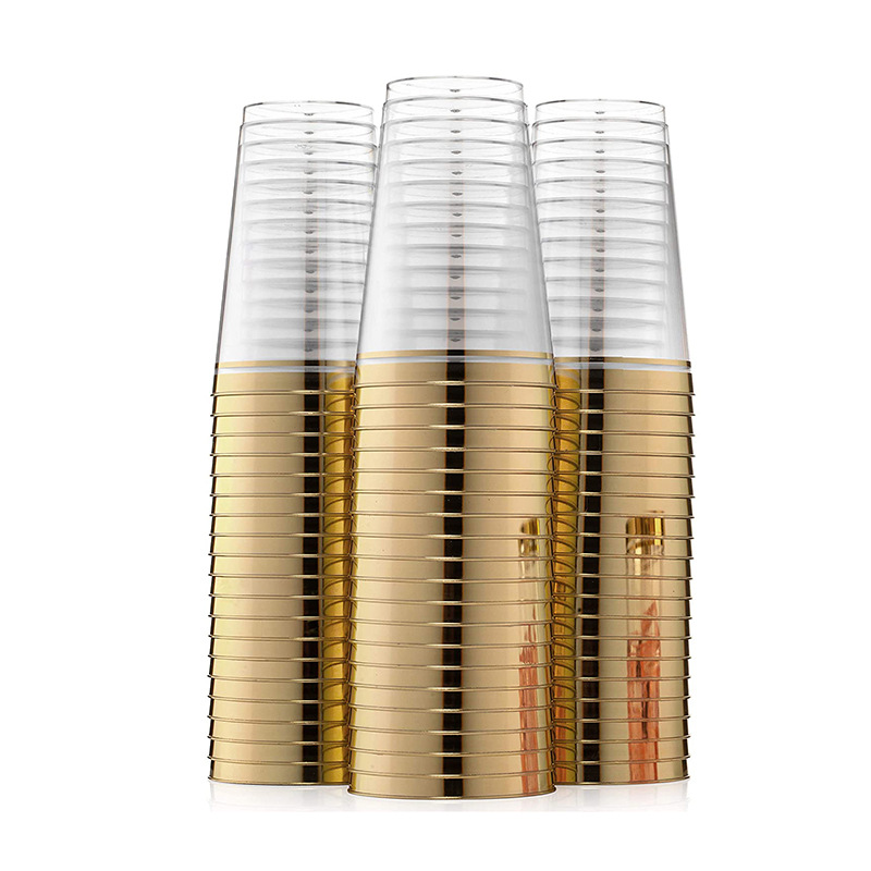 12oz doble borde de oro taza desechable transparente taza de plástico duro moldeo por inyección restaurante mesa de vino taza de bebidas