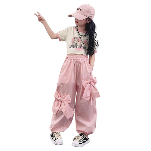 Girls 2024 American sports style round neck cartoon T-shirt sweet and cool style pink bow wide leg overalls suit