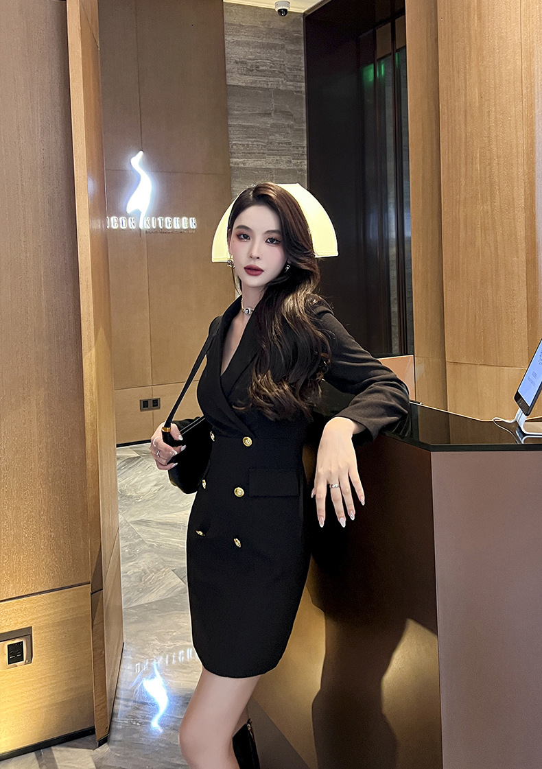 Đầm blazer nữ công sở kiểu dáng thời trang Pháp, tay dài, cổ ve — Màu đen chi tiết 17