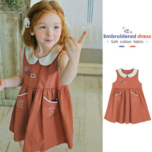 韩国童装纯色刺绣娃娃领女童连衣裙2023夏装新款无袖洋气儿童裙子