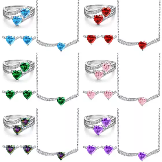 925 Sterling Silver Jewelry Set Aquamarine Gemstone Ring Heart Earrings Ruby Heart Necklace for Women High-end