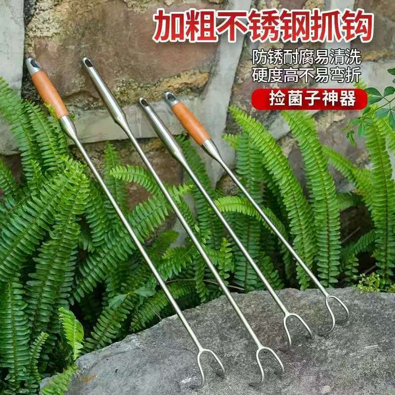 キノコ拾い道具、キノコ狩り道具、ステンレス製肉釣り針、肉釣り針、木柄フック、フック、長柄小熊手|undefined