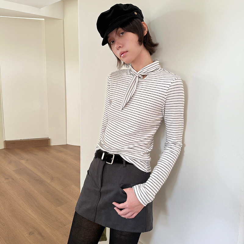 衣夫 十三行女装秋冬韩系飘带条纹长袖T恤2025新款打底衫上衣2378