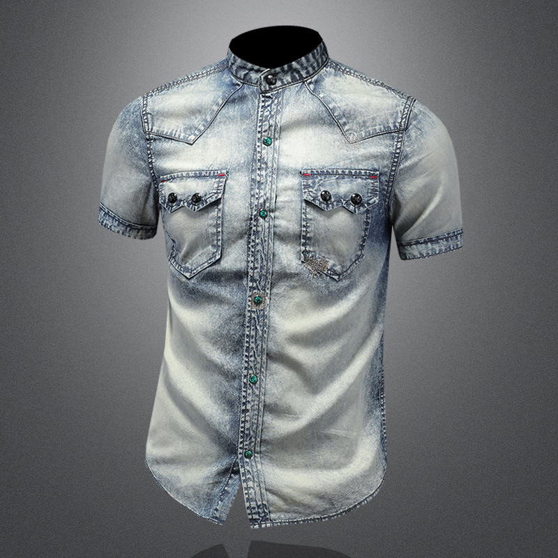 Camicia da uomo a maniche corte con colletto alto, stile europeo e americano per il commercio estero, camicia slim fit in denim lavato vintage per_voghion.com