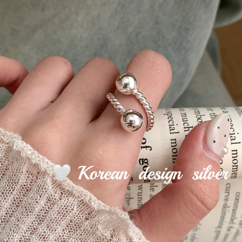 韓國重工S925純銀麻花卷雙球球光面交叉戒指 小眾設計簡約指環