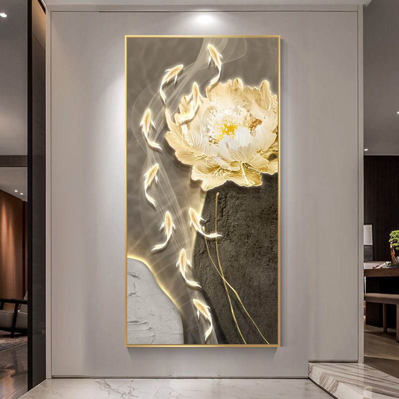轻奢九鱼图入户玄关装饰画寓意好荷花走廊过道挂画客厅发光壁画灯|undefined