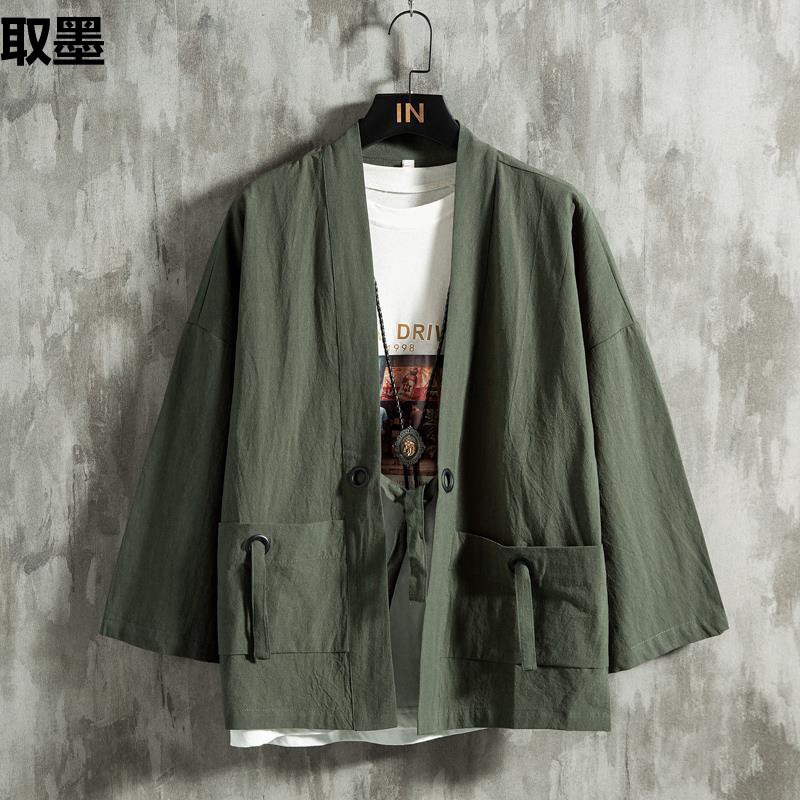 Summer Chinese Style Feather Weave Robe Men's Hanfu Cardigan Cotton Linen Japanese Kimono Style Linen Seven-quarter Sleeve Shirt Fleece Lined