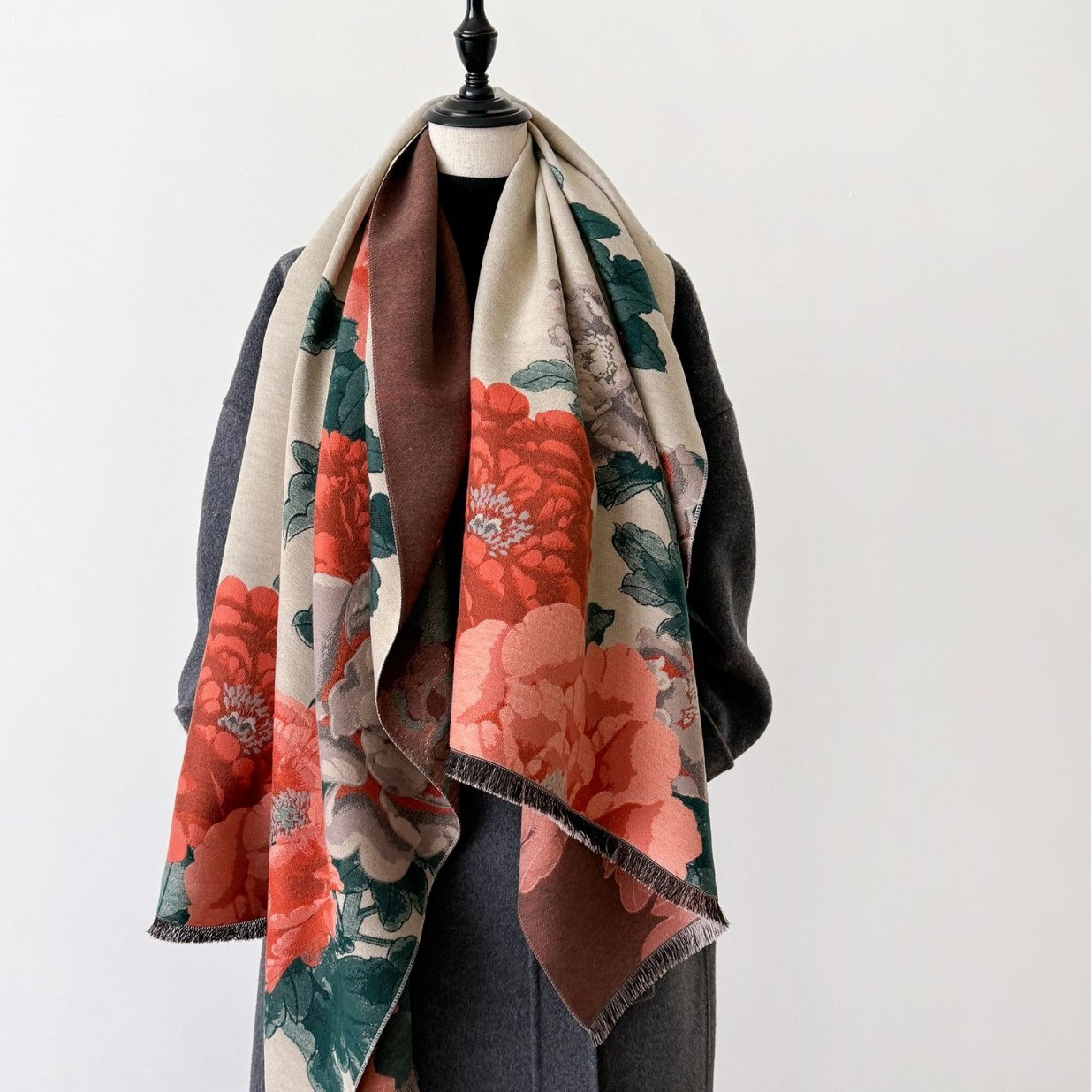 Vintage estilo nacional imita bufandas de cachemira elegante peonía corta barba larga chal cálido invierno grueso buñuelo