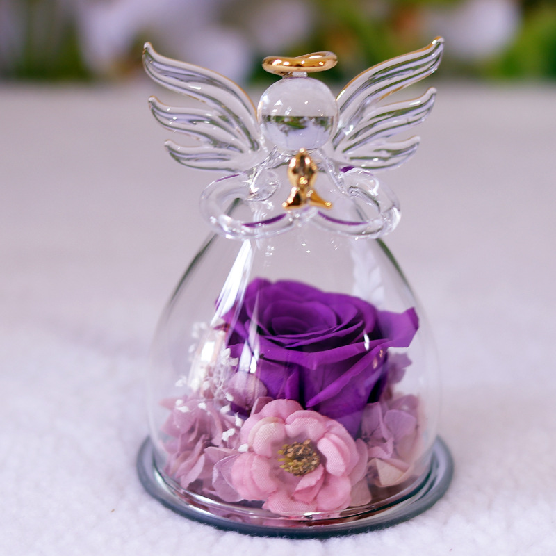 Comercio electrónico transfronterizo cubierta de vidrio flor eterna angelito rosa eterna Navidad regalo del día de San Valentín cubierta de vidrio decoración