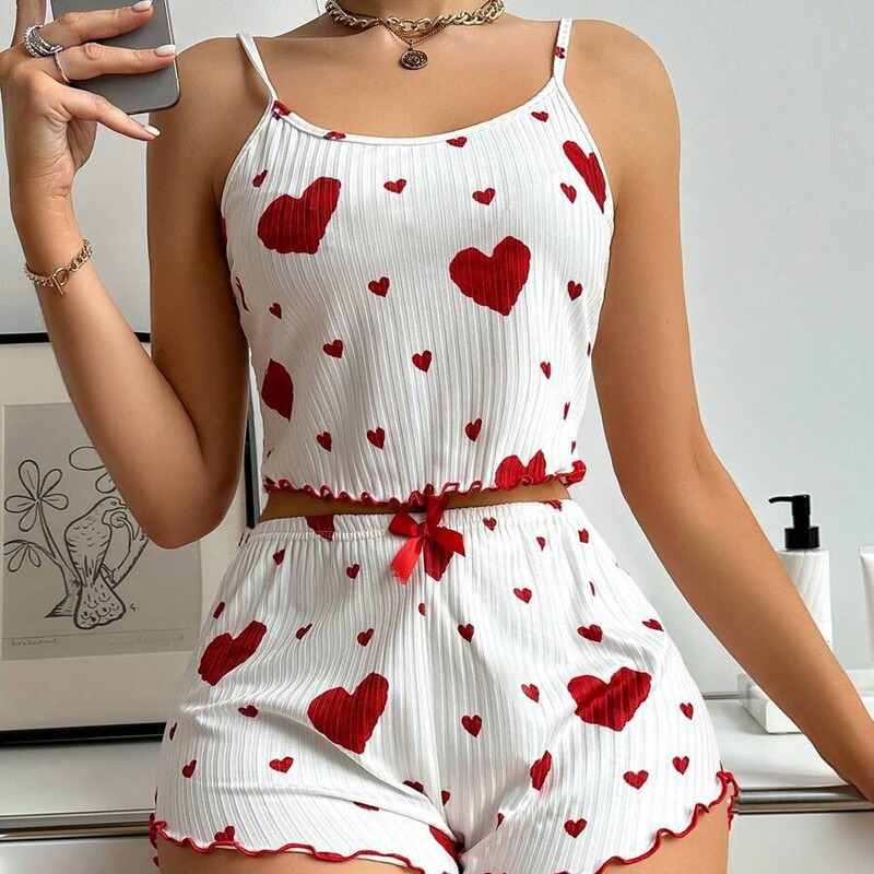 Hot-Selling Women's Loungewear with Heart Print, Strap Shorts, Casual Ribbed Design, Suitable for Outerwear, European and American Style Women's Pajamas Hot-Selling Women's Loungewear with Heart Print, Strap Shorts, Casual Ribbed Design, Suitable for Outerwear, European and American Style Women's Pajamas