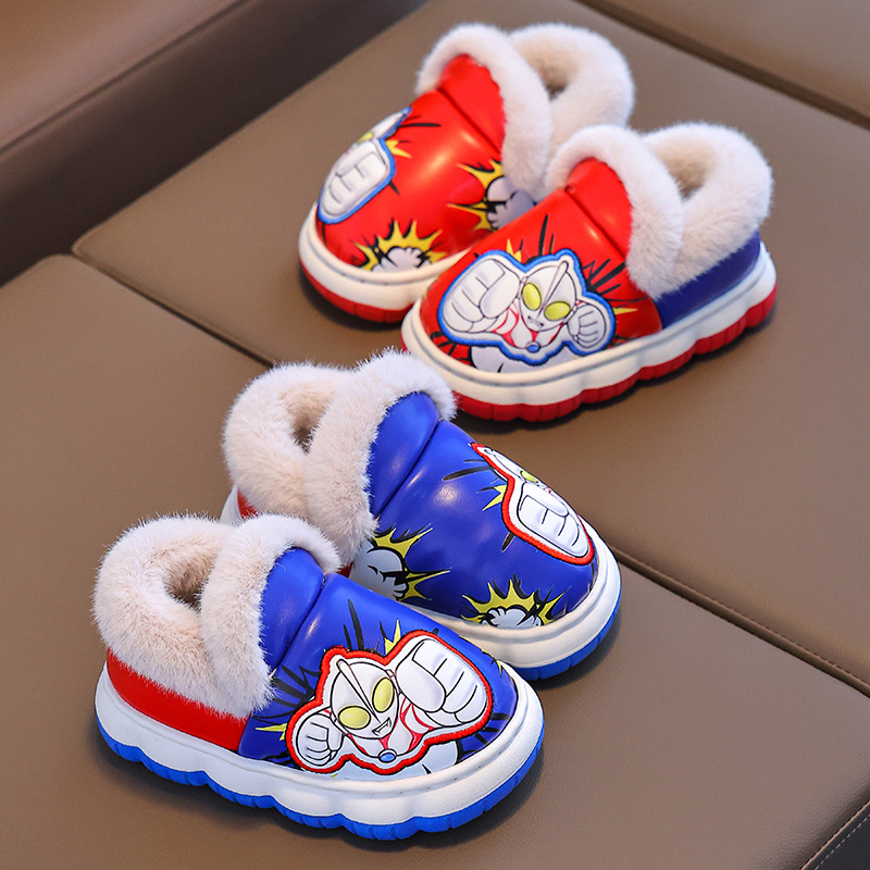 Ultraman invierno niños zapatos de algodón bolsas tacones cálidas lana PU impermeable suela gruesa antideslizante zapatillas de algodón para niños caseros