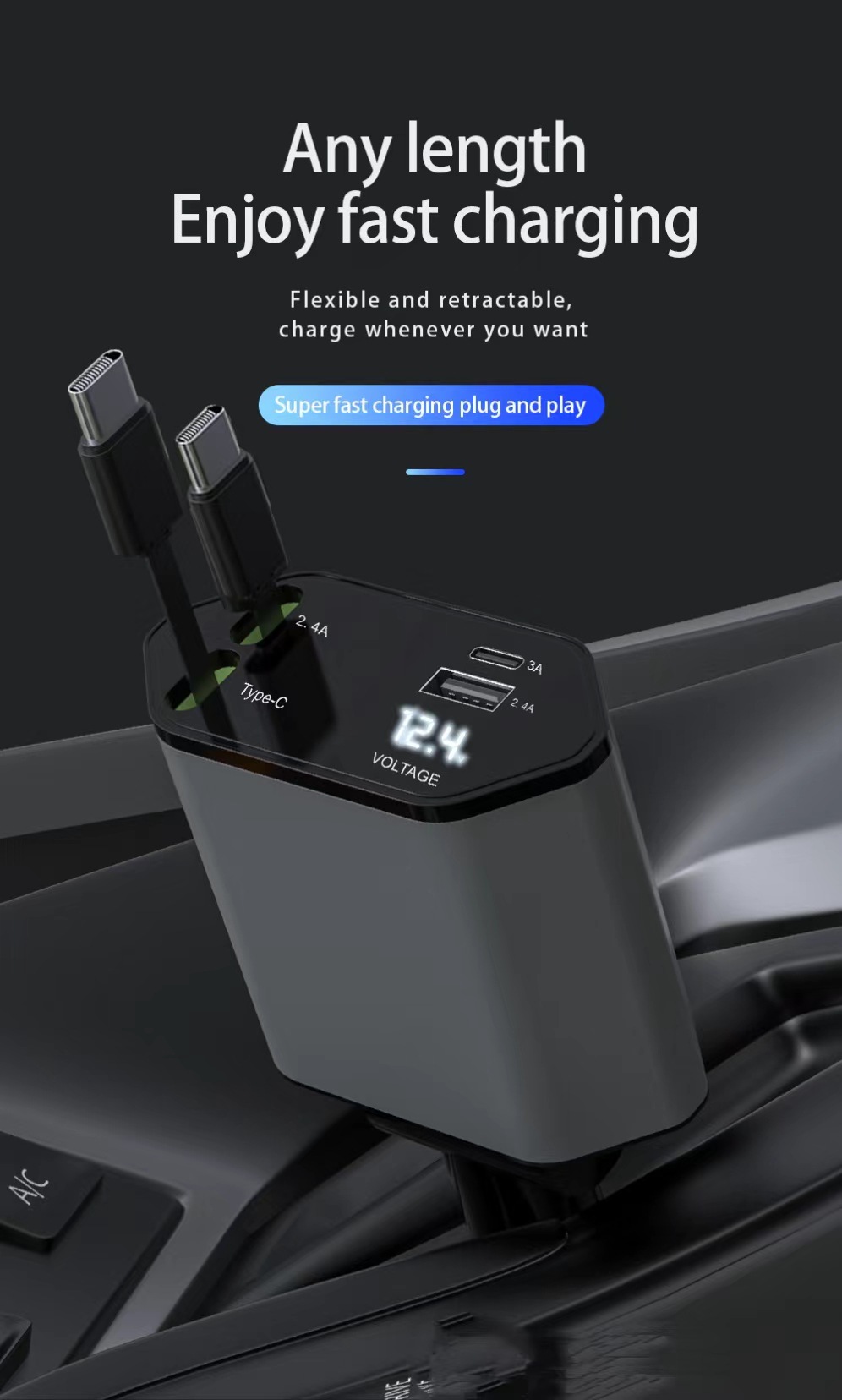 텔레스코픽 케이블이 포함된 100W 고속 충전 TYPE-C+TYPE-C(다이아몬드 모델)