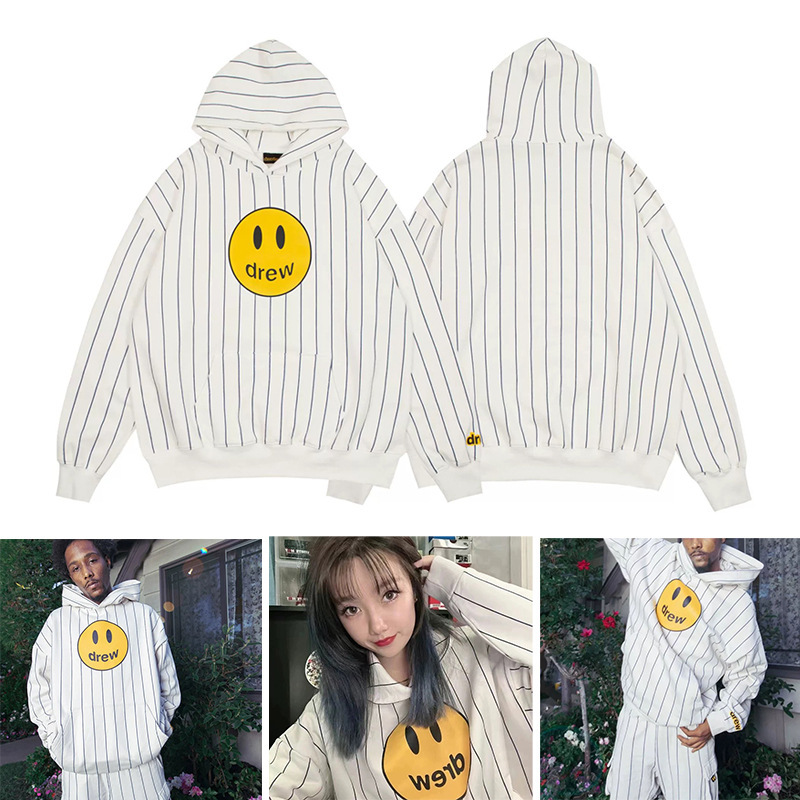 DREW Sweatshirt Hooded Justin Bieber Niche High Street Smiley Stripes Trendy Brand Hooded fleece-lined Sweatshirt for Men and Women