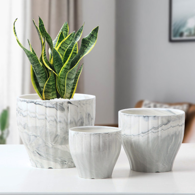 大理石纹陶瓷花盆大中小三件套装批发条纹几何圆花盆跨境出口定制