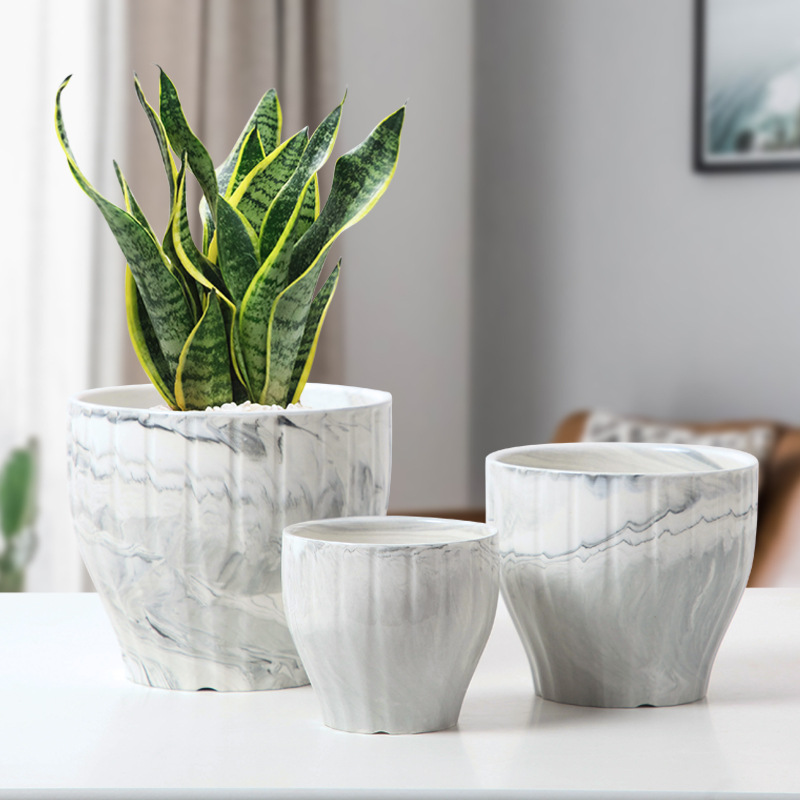 大理石纹陶瓷花盆大中小三件套装批发条纹几何圆花盆跨境出口定制