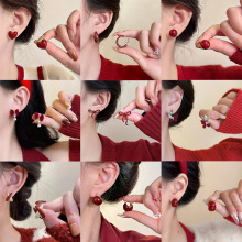 复古港风安可拉红气质显白耳钉女高级感简约耳环秋冬新款时尚耳饰