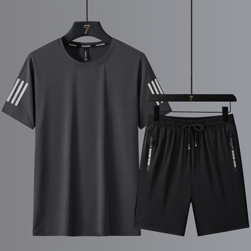 Traje de ocio deportivo de seda de hielo de talla grande para hombre de verano camiseta de cuello redondo pantalones sueltos de manga corta de secado rápido tres piezas