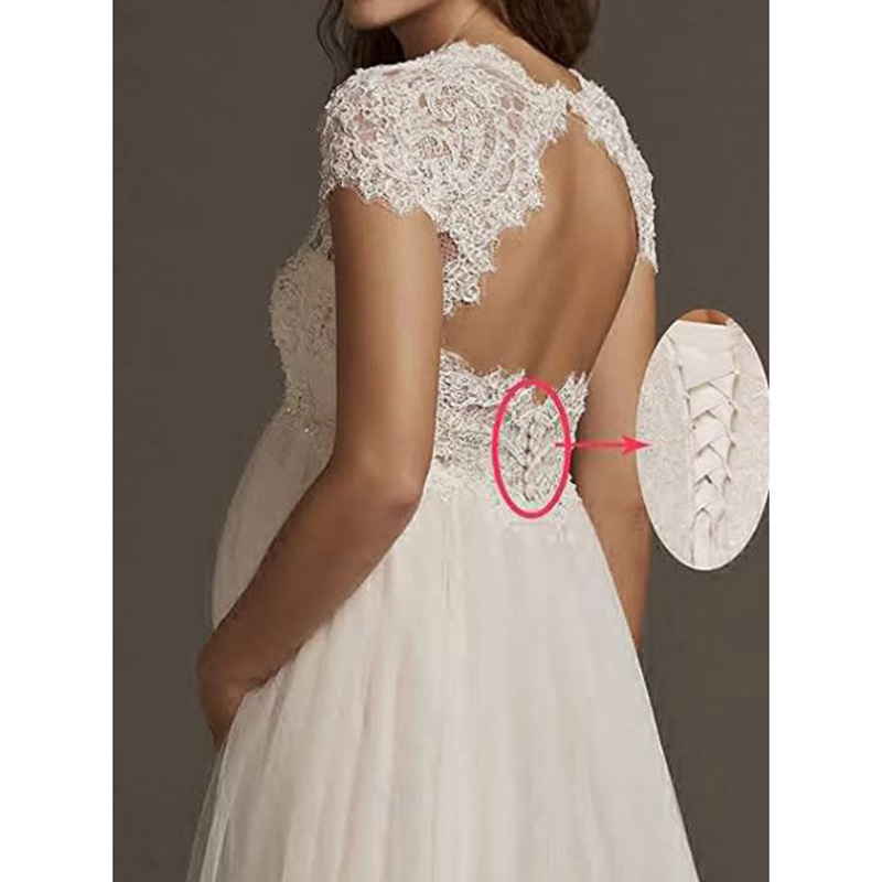 Vestido de novia de comercio exterior para mujeres embarazadas de cintura alta de gran tamaño encaje europeo y americano Mori cola pequeña vestido de novia transfronterizo de Amazon blanco image 4