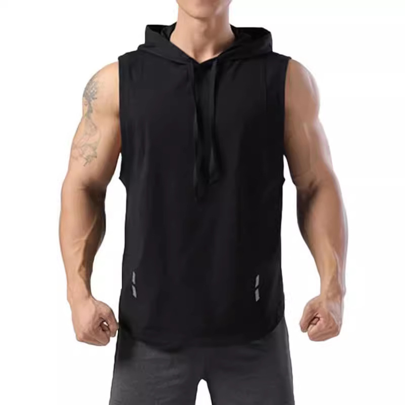 2025 Export Amazon Cross-Border Men's Sleeveless Exercise Hoodie Shirt Quick-Drying Hooded Fitness Vest for Men