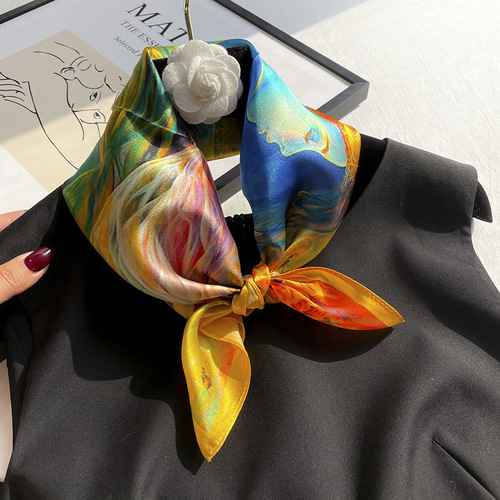Yellow silk scarf for women, versatile spring and autumn small square scarf, western style decorative mulberry silk antique style small scarf