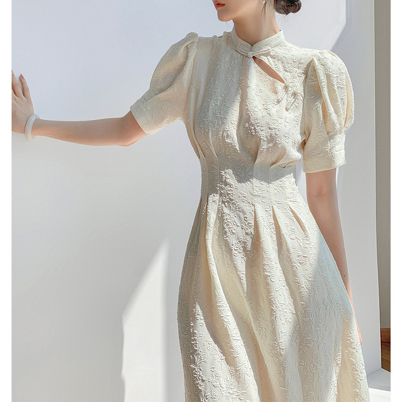 Big Sale Processing of the Republic of China Beauty! White Retro Dress for Women Summer Cheongsam Collar Long Waist Skirt for Women