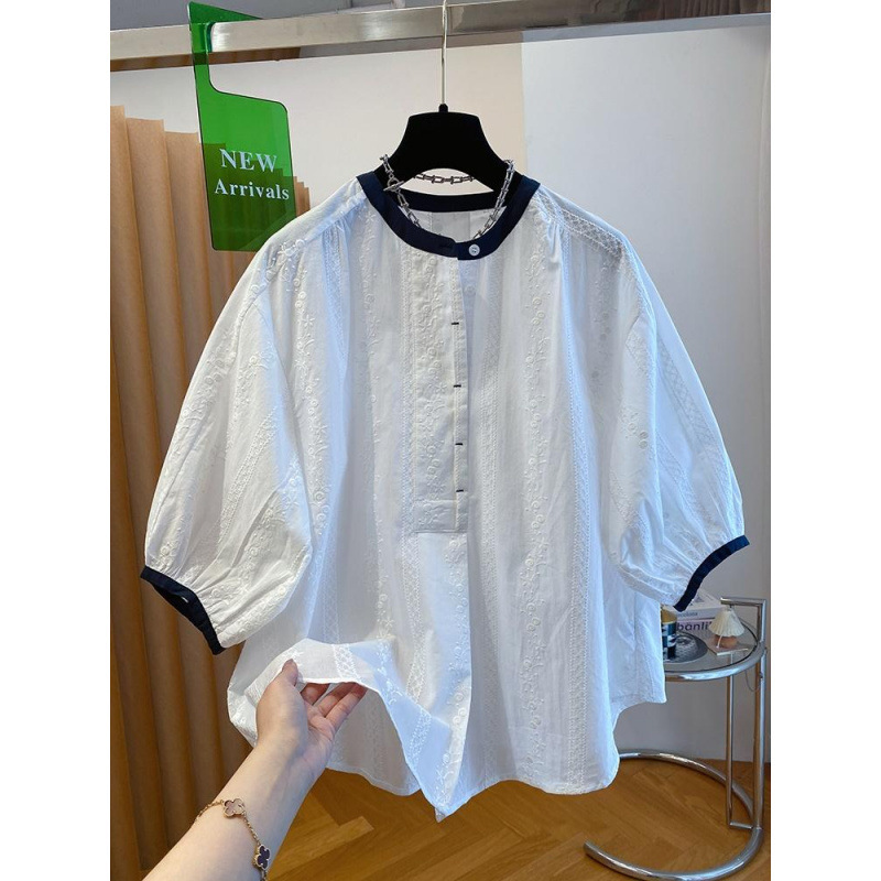 白い刺繍パフスリーブシャツレディース半袖2025新しいルーズスリムラウンドネックシャツベビードールシャツトップ夏|undefined