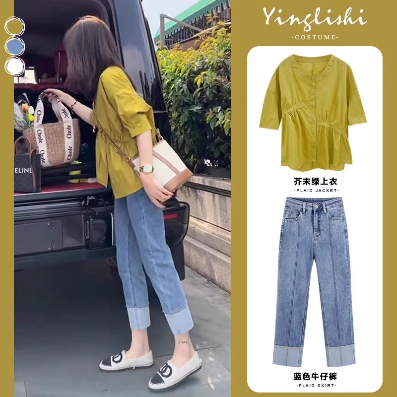 Summer Women's Clothing, Salt-Based Outfits, Slightly Chubby Hong Kong Style, Street-Style Tops, High-End Short-Sleeved Two-Piece Suits