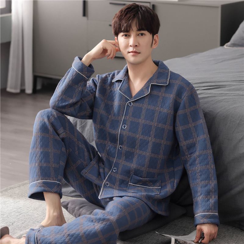 Pajamas gruesas para hombres otoño y invierno de manga larga algodón intercalado conjunto de calor para hombres jóvenes y de mediana edad ropa de hogar suelta