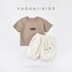 男寶寶夏季套裝2024年男童短袖上衣休閒褲兩件套嬰兒時尚衣服