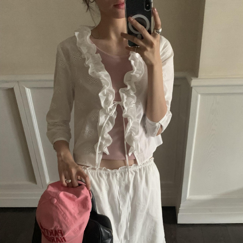 Niche rare*y bow-knot embroidered lace-up cardigan for women, 26 summer vacation style, French lace collar, all-cotton shirt Niche rare*y bow-knot embroidered lace-up cardigan for women, 26 summer vacation style, French lace collar, all-cotton shirt
