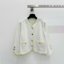 春季新款南油工厂气质简约小香风撞色花边短款七分袖针织开衫