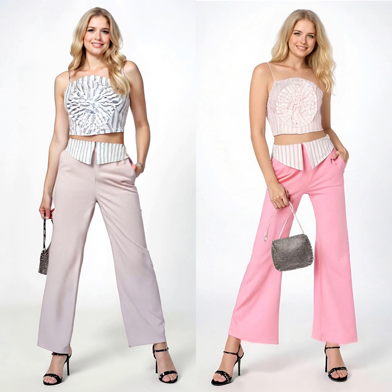 Cross-Border European and American Design Women's Striped Three-Dimensional Floral Camisole Tube Top Vest Straight-Leg Pants Two-Piece Set 5819