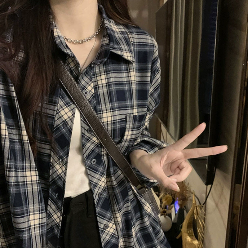 Рубашка Пальто Солнцезащитная рубашка Тонкая Ранняя осень Топ с длинными рукавами Высококачественная рубашка в клетку в американском ретро-стиле в гонконгском стиле для женщин