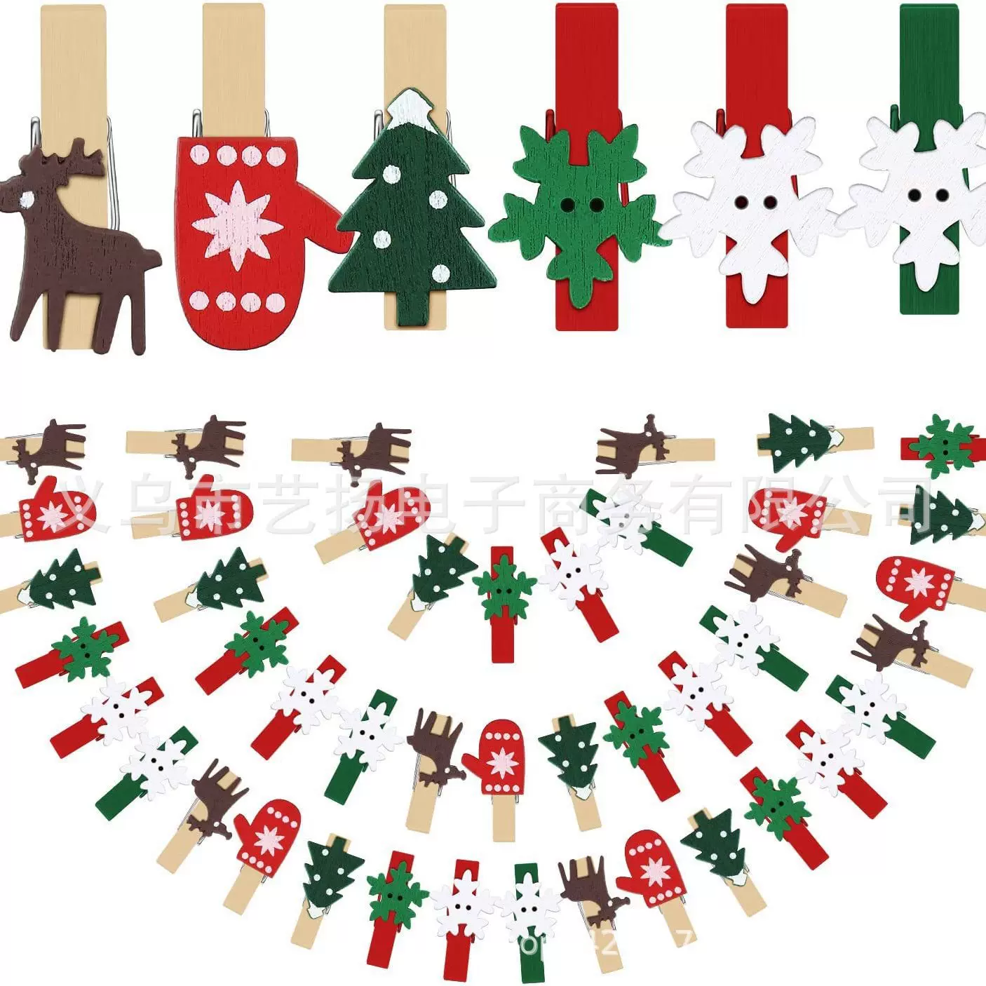 跨境专供卡通圣诞木夹子木质小夹子彩色环保小木夹麻绳照片夹装饰