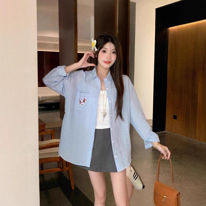 蓝色休闲腊肠狗刺绣格子衬衫女2025春秋宽松百搭小众叠穿上衣外套|undefined