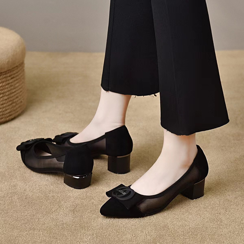 Giày sandal nữ mũi nhọn gót thấp 5 cm, da lưới thoáng khí, bít mũi hở gót — Chiều cao gót 5 cm