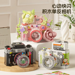 【批发代发】积木花相机模型微颗粒拼装摆件女生玩具跨境礼物圣诞