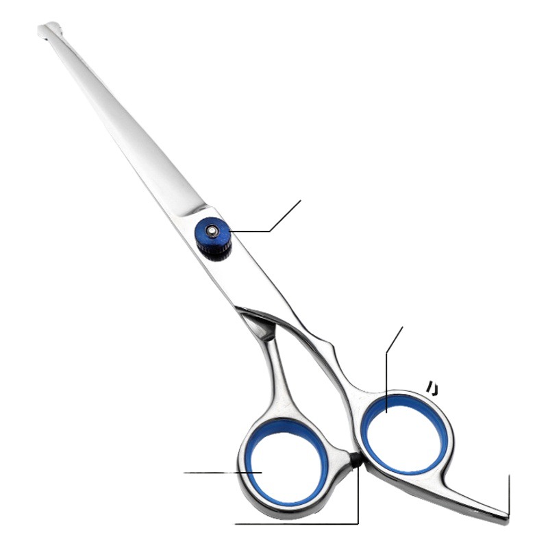 Directo de fábrica de acero inoxidable pet grooming tijeras profesional perro esquila tijeras curvas Teddy grooming herramientas traje