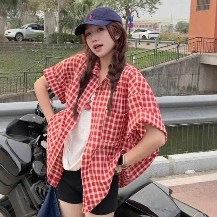 American Retro Red Casual Plaid Shirt Jacket Women's Summer New Korean Style Loose and Versatile Short-Sleeved Shirt American Retro Red Casual Plaid Shirt Jacket Women's Summer New Korean Style Loose and Versatile Short-Sleeved Shirt