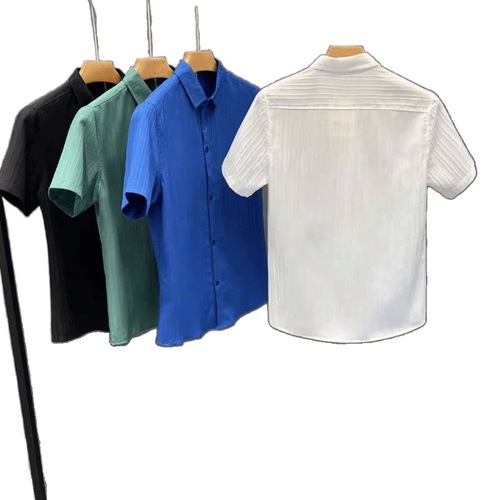 Men's Summer Striped Plain Shirt, Short Sleeve Casual Iron-Free Shirt, Lightweight and Mature Style, Collar, Korean Version, Fashionable and Trendy New