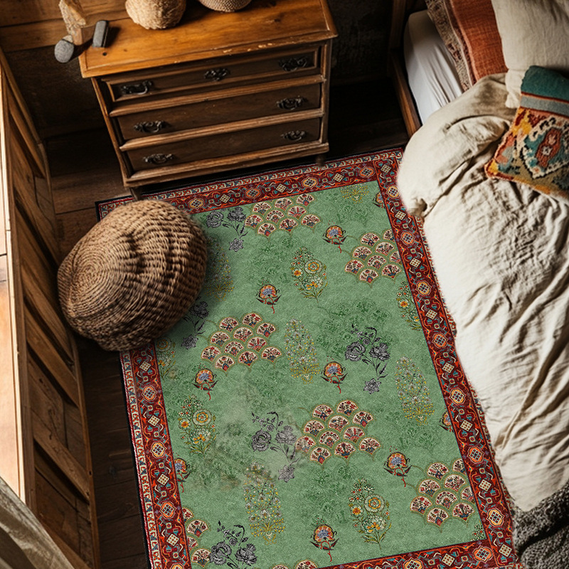 Cross-border imitation cashmere machine washable retro American pastoral European style floral green living room bedroom non-slip carpet floor mat