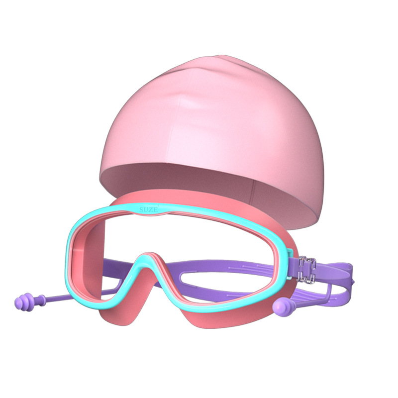 5~16세 어린이 모델 - 연한 파란색과 분홍색 투명 수영 고글 + 분홍색 수영 모자 + 가방