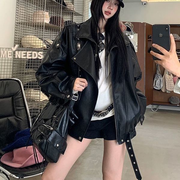 American Fashion Biker Leather Jacket for Women, Trendy Street Style, Autumn New Loose Versatile Retro Leather Jacket, Stylish